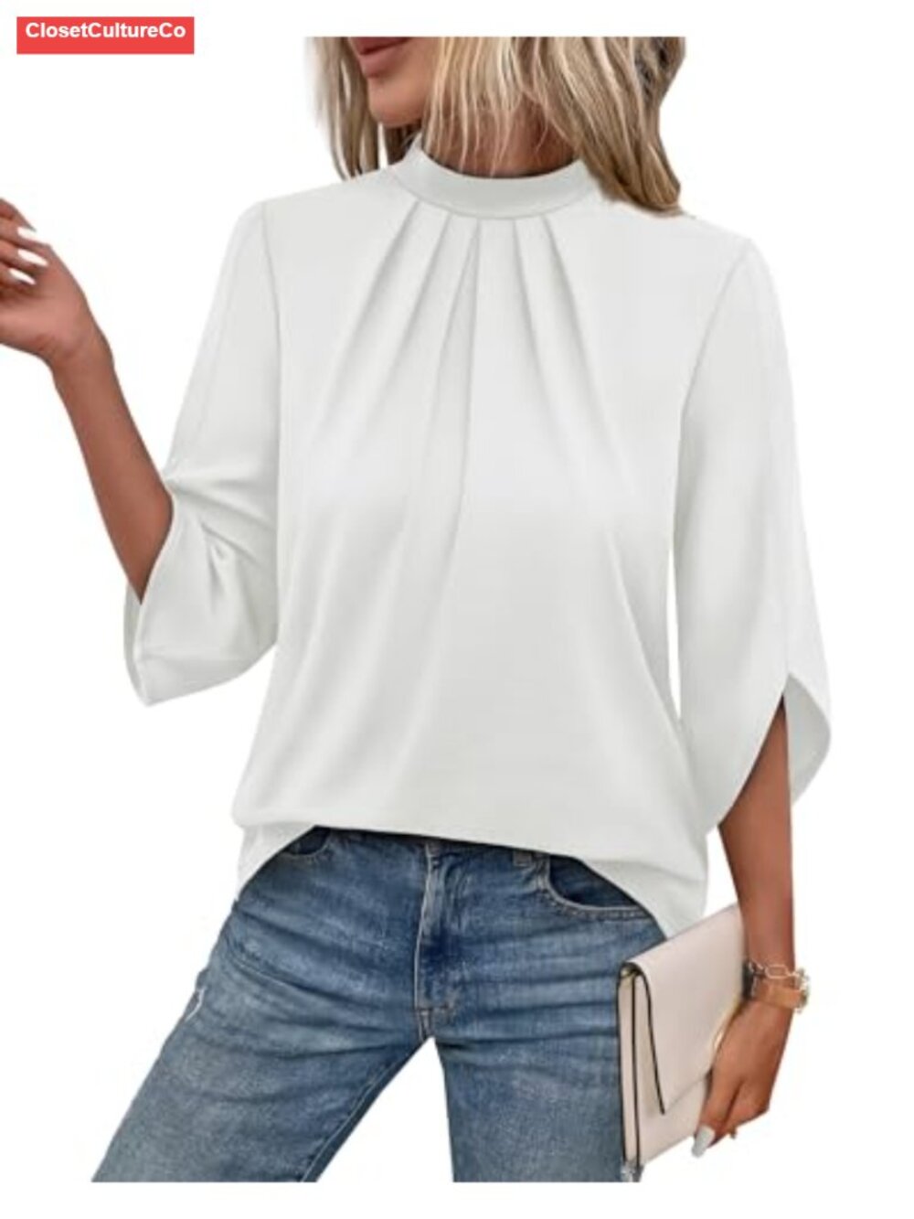 Mock Neck Pleated Front Blouse 3/4 Sleeve Women's Dressy Casual Top